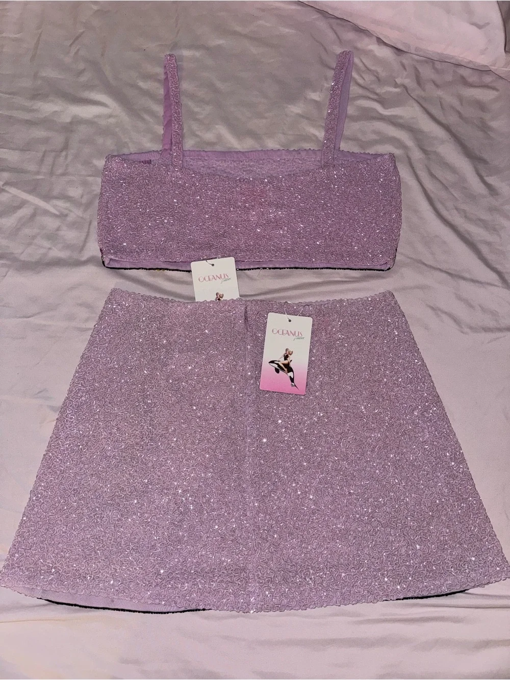 Oceanus Brand New with tags Floral Terry Pink Bandeau Crop Top & Mini Skirt Set